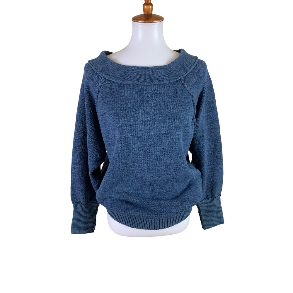 Free People Blue Knit Sweater Slouchy Boho Coastal Grandmacore Relaxed Medium